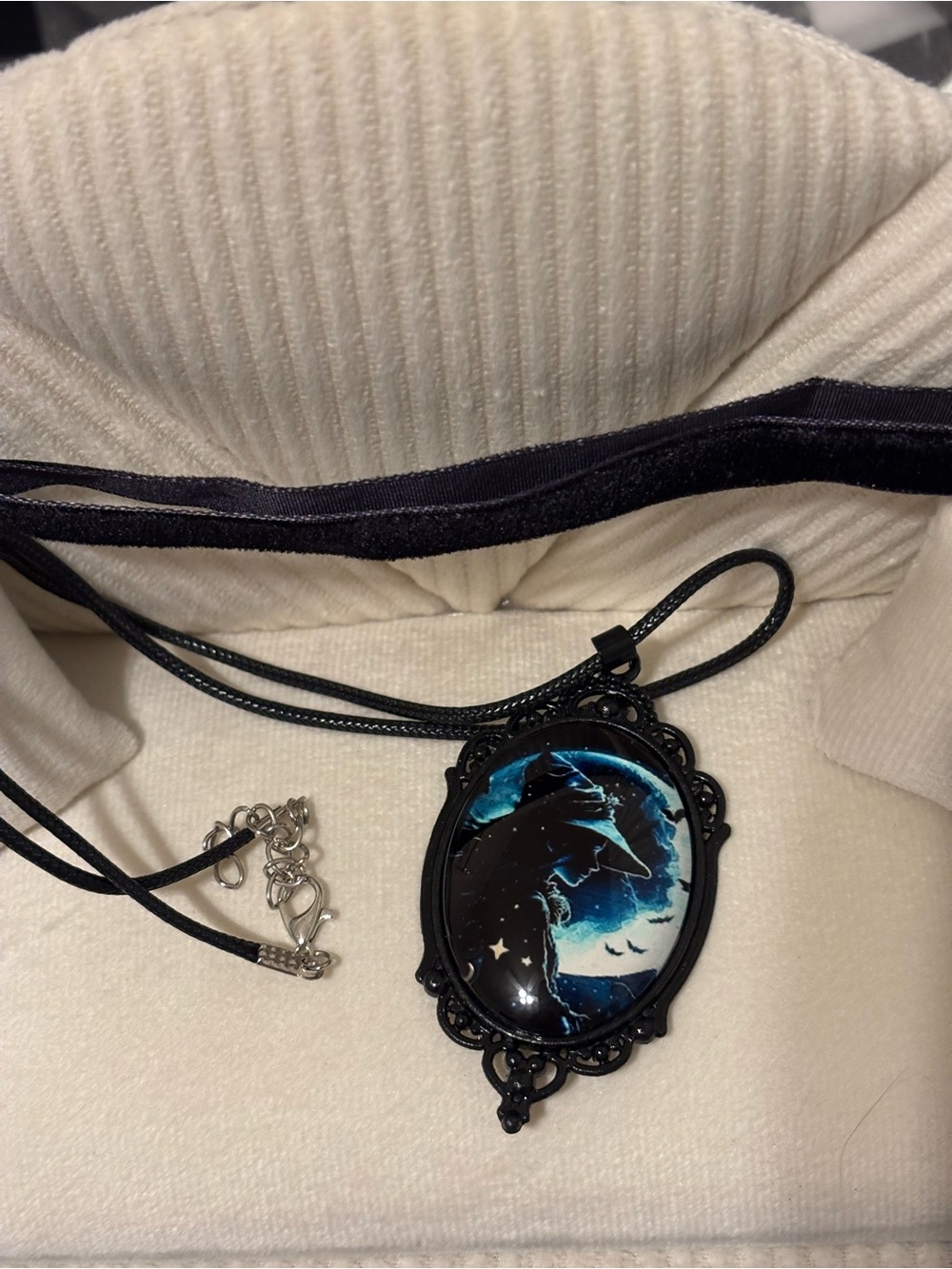 Black CameoWitch/ Halloween Pendant Necklace with Blue Night Illustration
